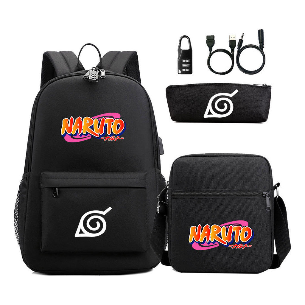 Naruto Usb Password Lock Backpack Three Piece Set For Men And Women Backpack Set