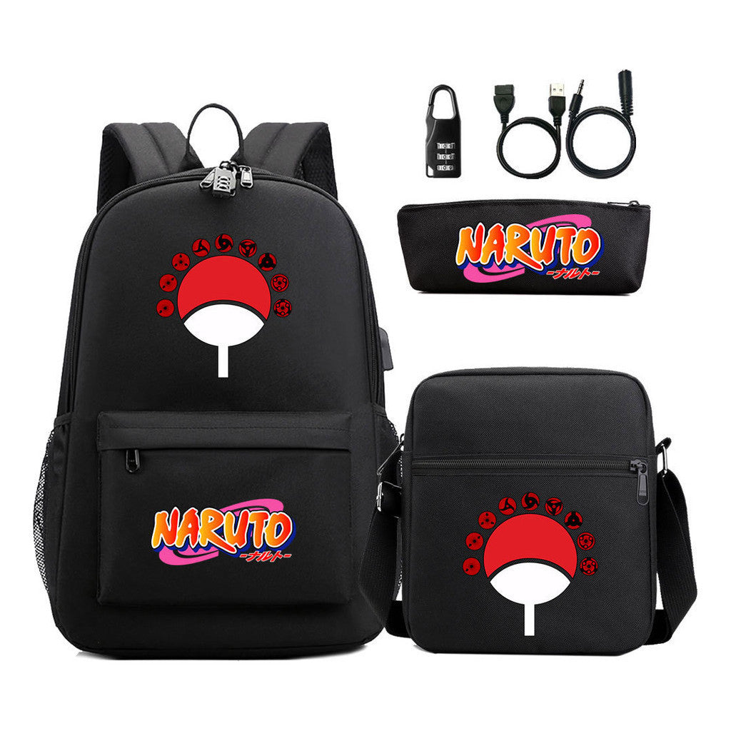 Naruto Usb Password Lock Youth Student Backpack Three Piece Set For Men And Women Backpacks
