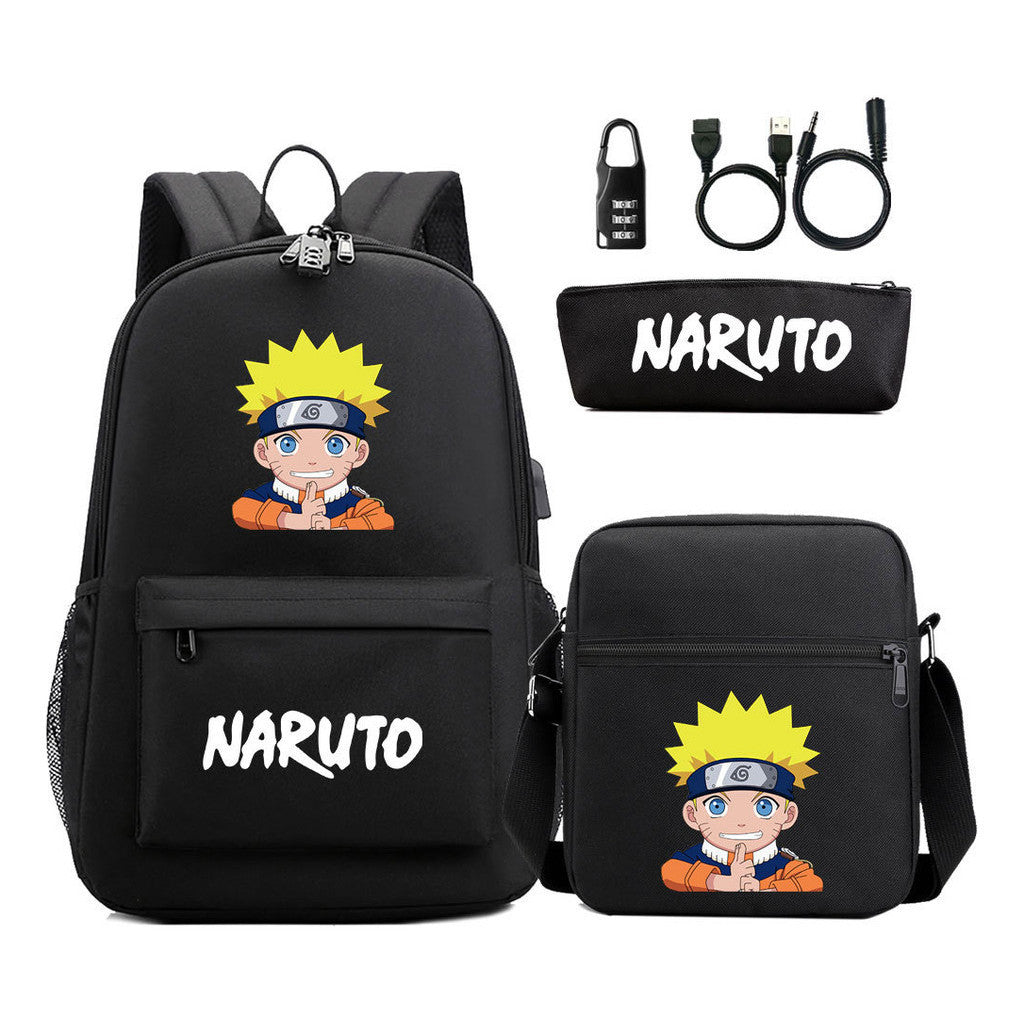 Naruto Usb Password Lock Youth Student Backpack Three Piece Set For Men And Women Backpack Set