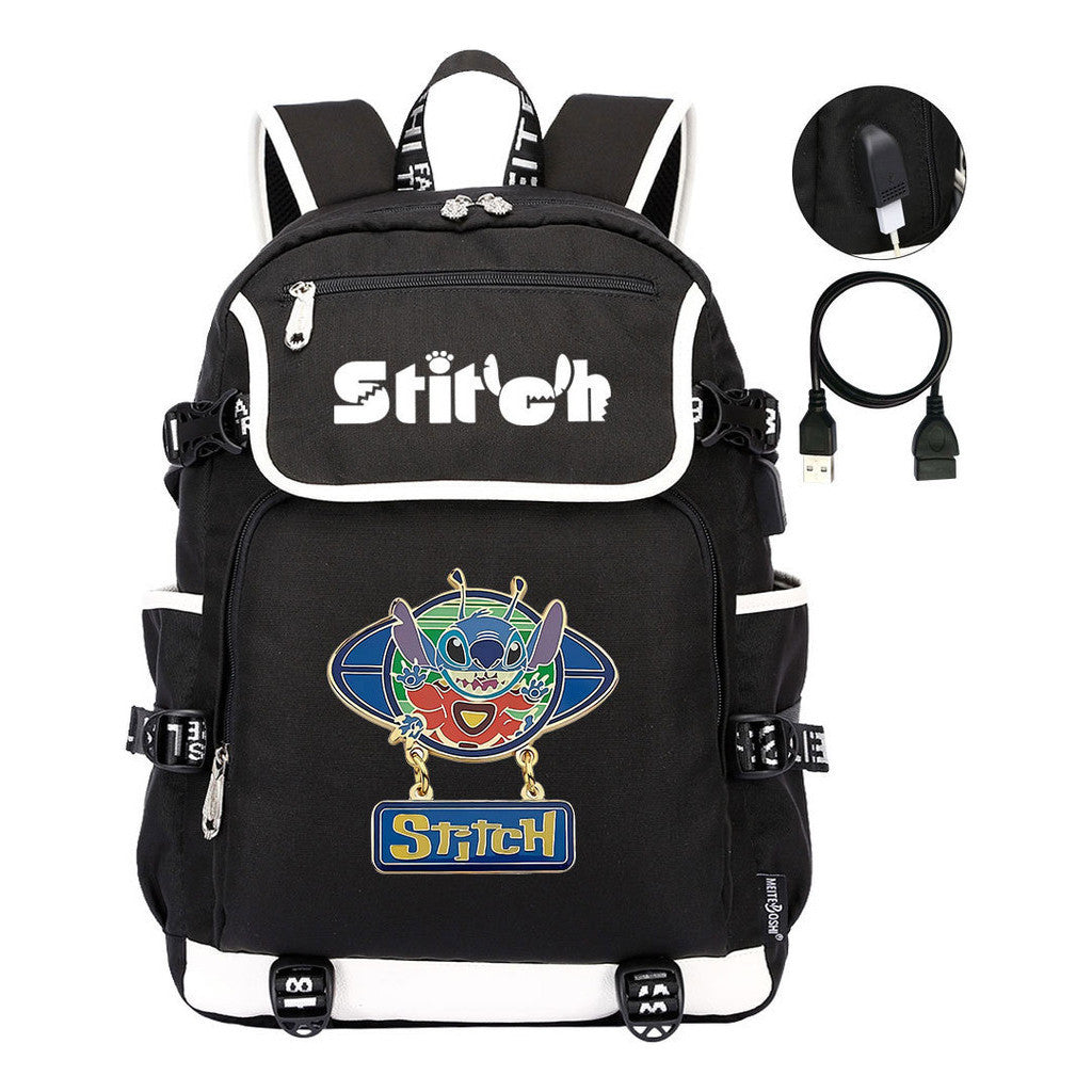 Anime Star Baby Stitch Printed Usb Student Backpack For Men And Women's Leisure Travel Backpack