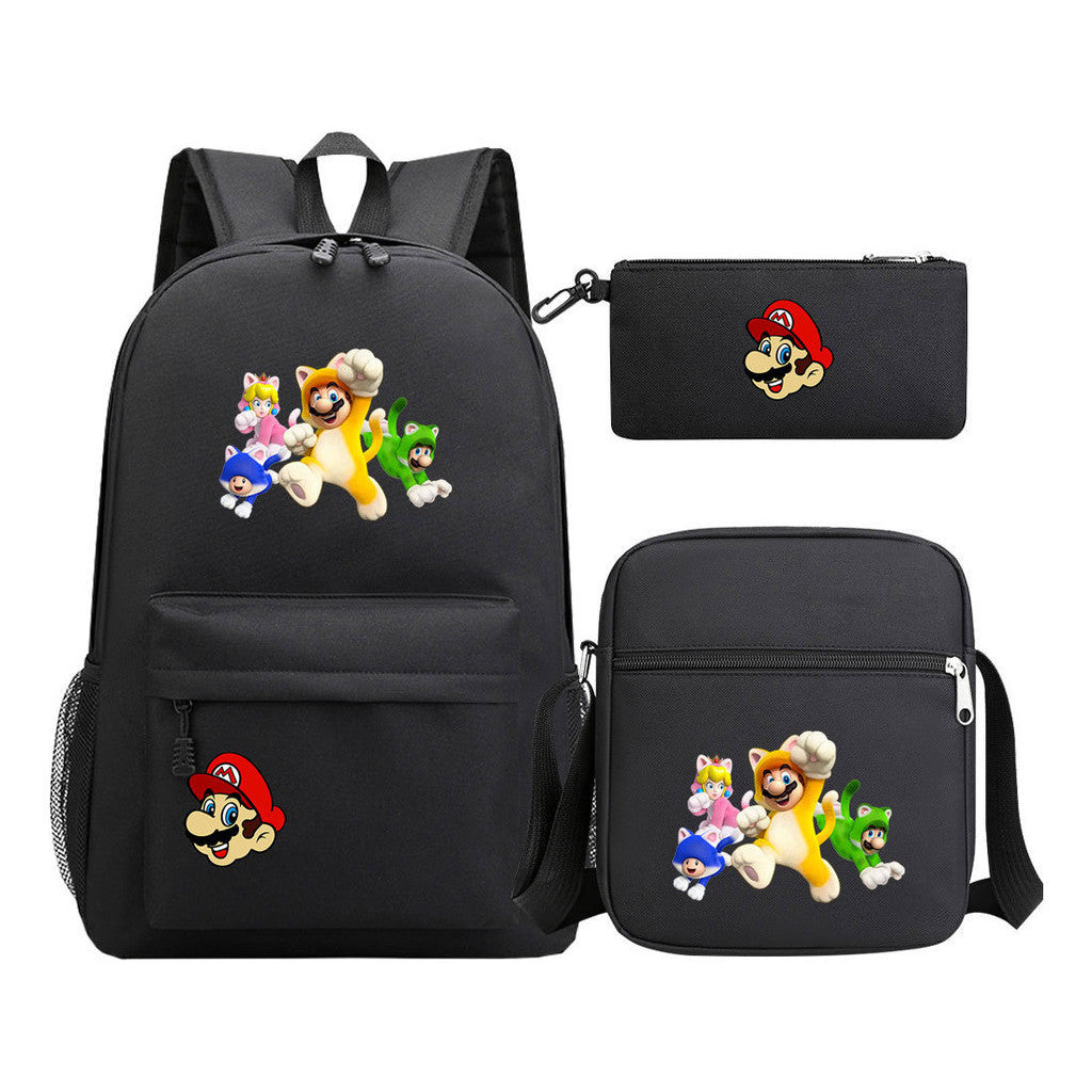 Super Mario Printed Student Backpack Three Piece Set For Men And Women's Backpack Set