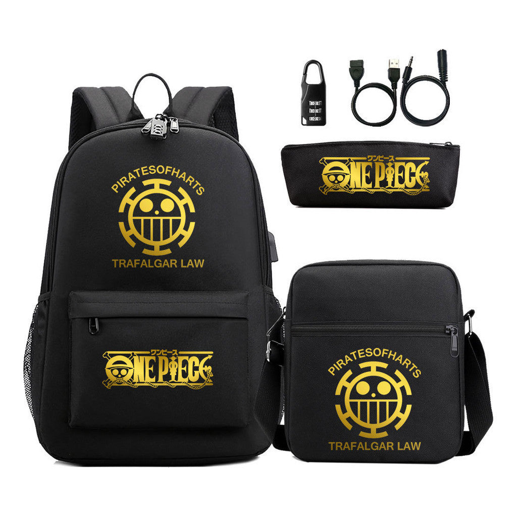 Golden Pirate King Usb Password Lock Youth Student Backpack Set Of Three Pieces, Men's And Women's Backpack Set