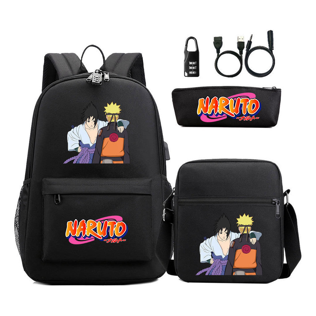 Naruto Usb Password Lock Youth Student Backpack Three Piece Set For Men And Women Backpacks