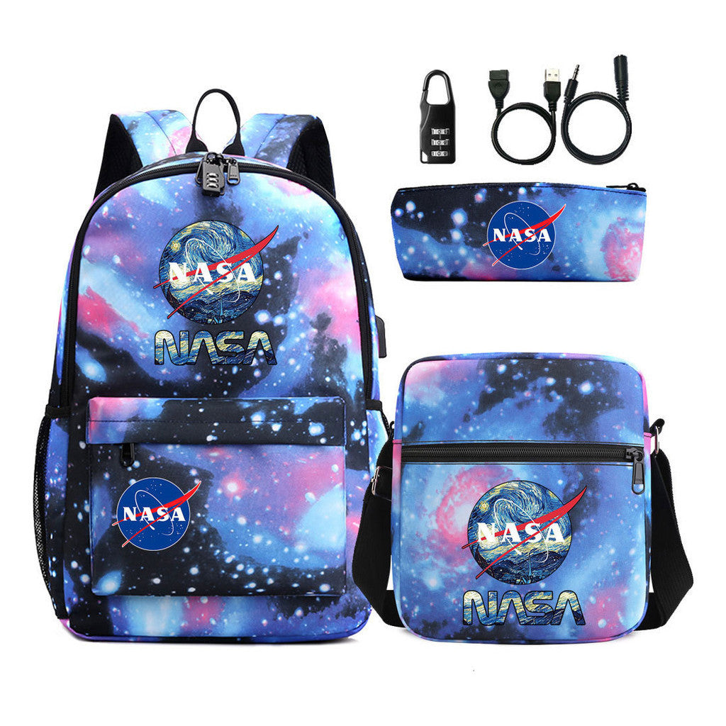 Fashionable Usb Password Lock Youth Student Backpack Three Piece Set Backpack