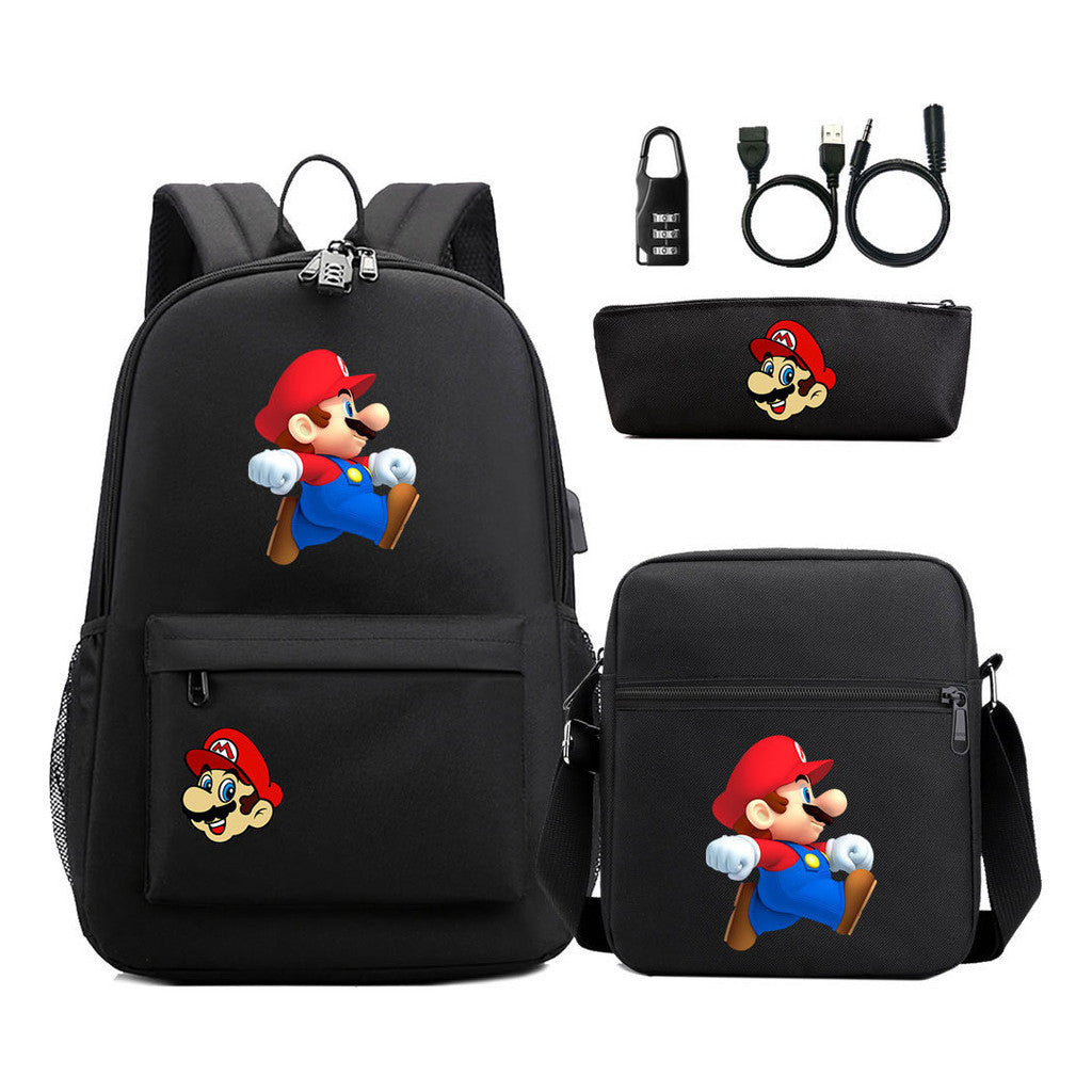 Super Mario Usb Password Lock Youth Student Backpack 3-piece Set For Men And Women Backpacks