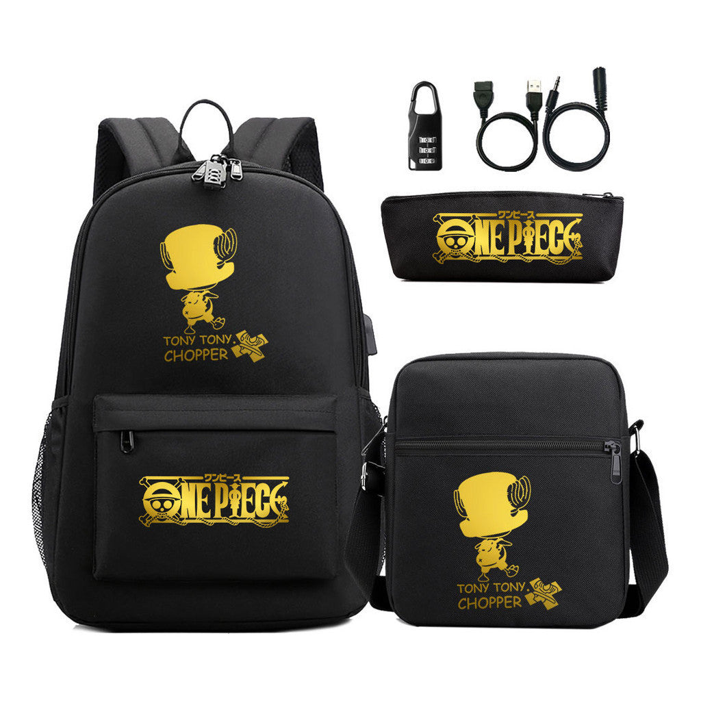 Golden Pirate King Usb Password Lock Youth Student Backpack Set Of Three Pieces, Men's And Women's Backpack Set