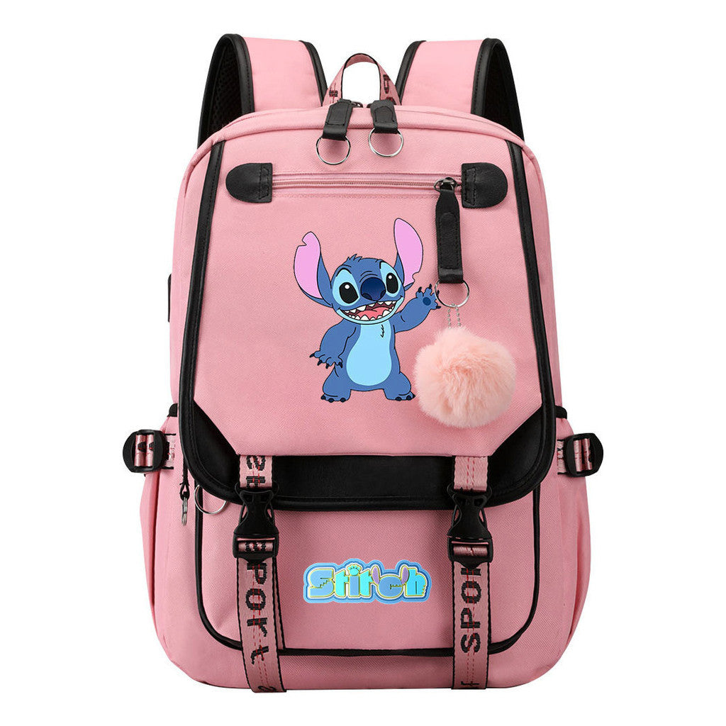 Interstellar Baby Stitch Usb Youth Backpack For Men And Women, Casual Woven Strap Flip Back Backpack