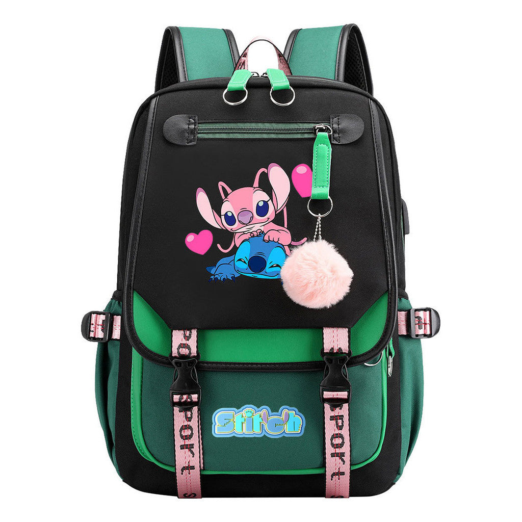 Interstellar Baby Stitch Usb Student Backpack With Casual Woven Strap Flap Backpack