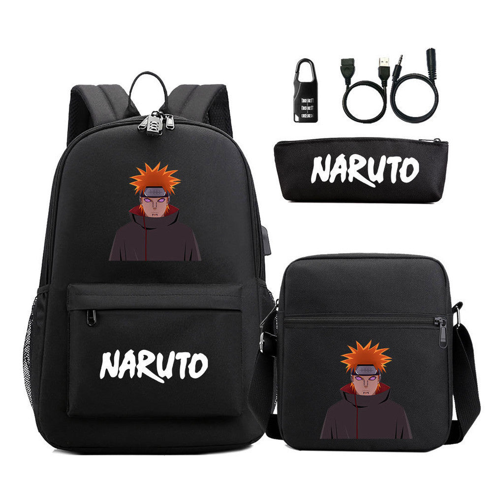 Naruto Usb Password Lock Youth Student Backpack Three Piece Set For Men And Women Backpack Set