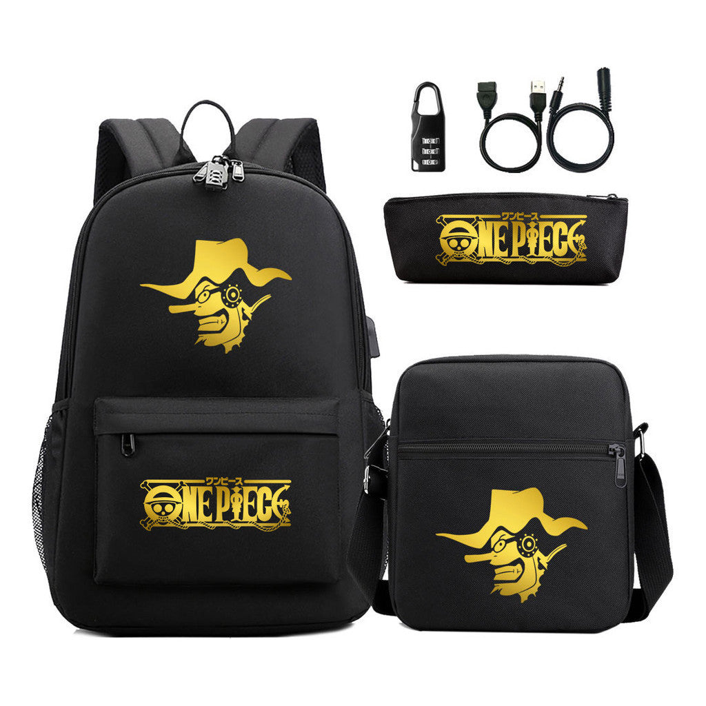 Golden Pirate King Usb Password Lock Youth Student Backpack Set Of Three Pieces, Men's And Women's Backpack Set
