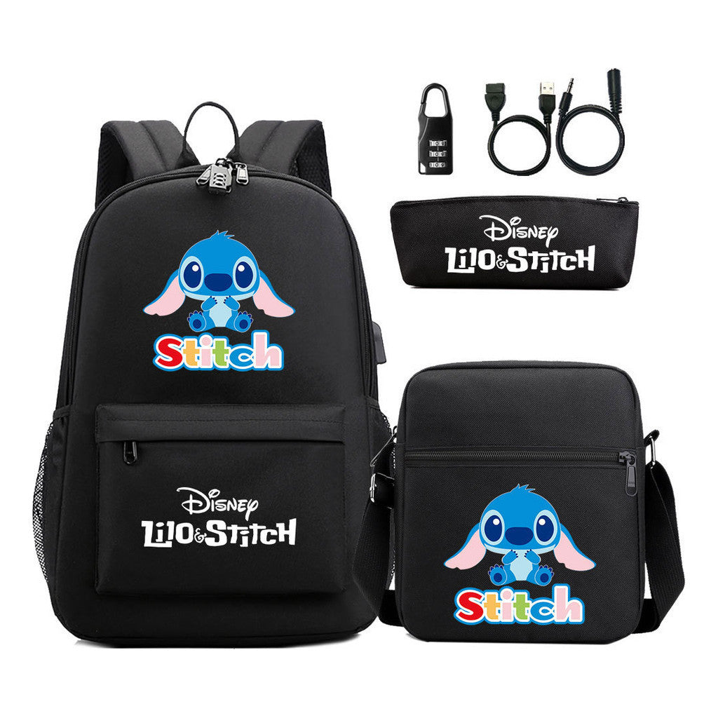 Interstellar Baby Stitch Usb Password Lock Youth Backpack 3-piece Set For Men And Women Backpacks