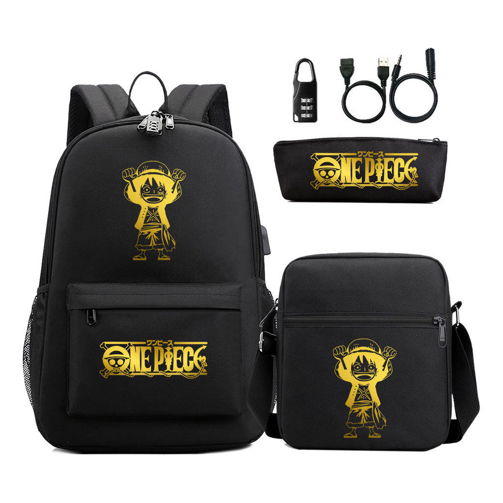 Golden Pirate King Usb Password Lock Youth Student Backpack Set Of Three Pieces, Men's And Women's Backpack Set