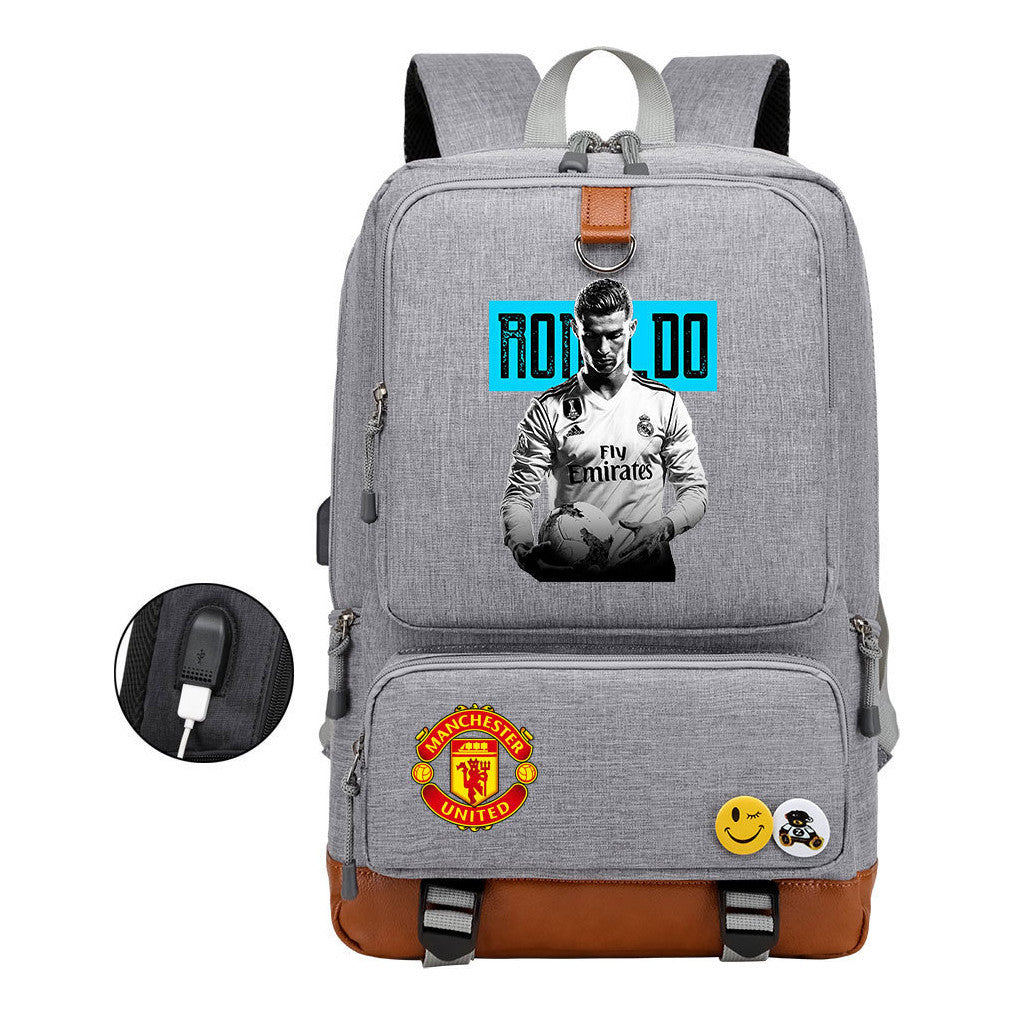 Football Star Cristiano Ronaldo Printed Usb Youth Student Backpack For Leisure Travel Backpack