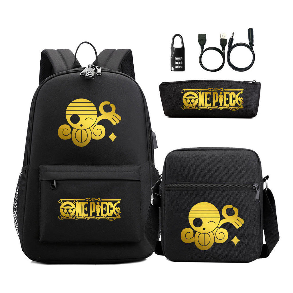 Golden Pirate King Usb Password Lock Youth Student Backpack Set Of Three Pieces, Men's And Women's Backpack Set