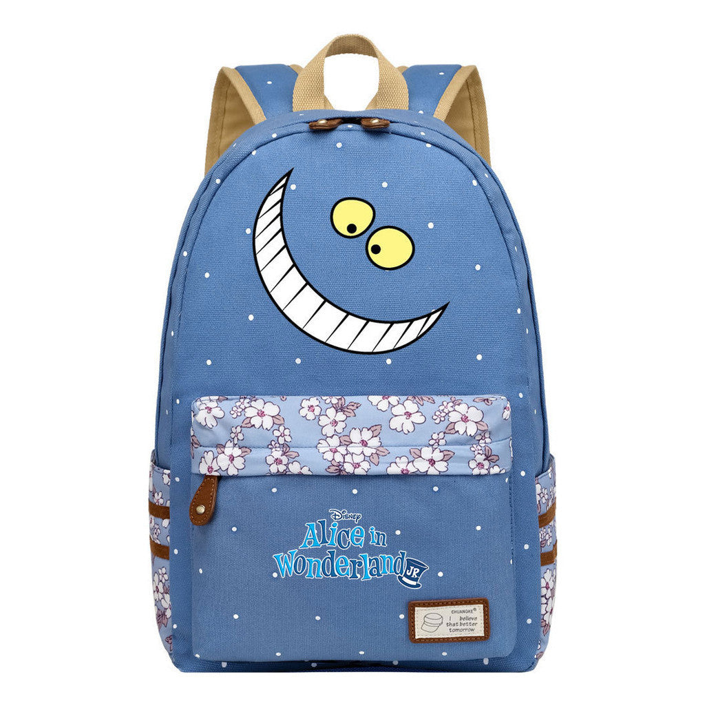 Anime Cartoon Cheshire Cat Print Youth Student Backpack With Floral Casual Backpack