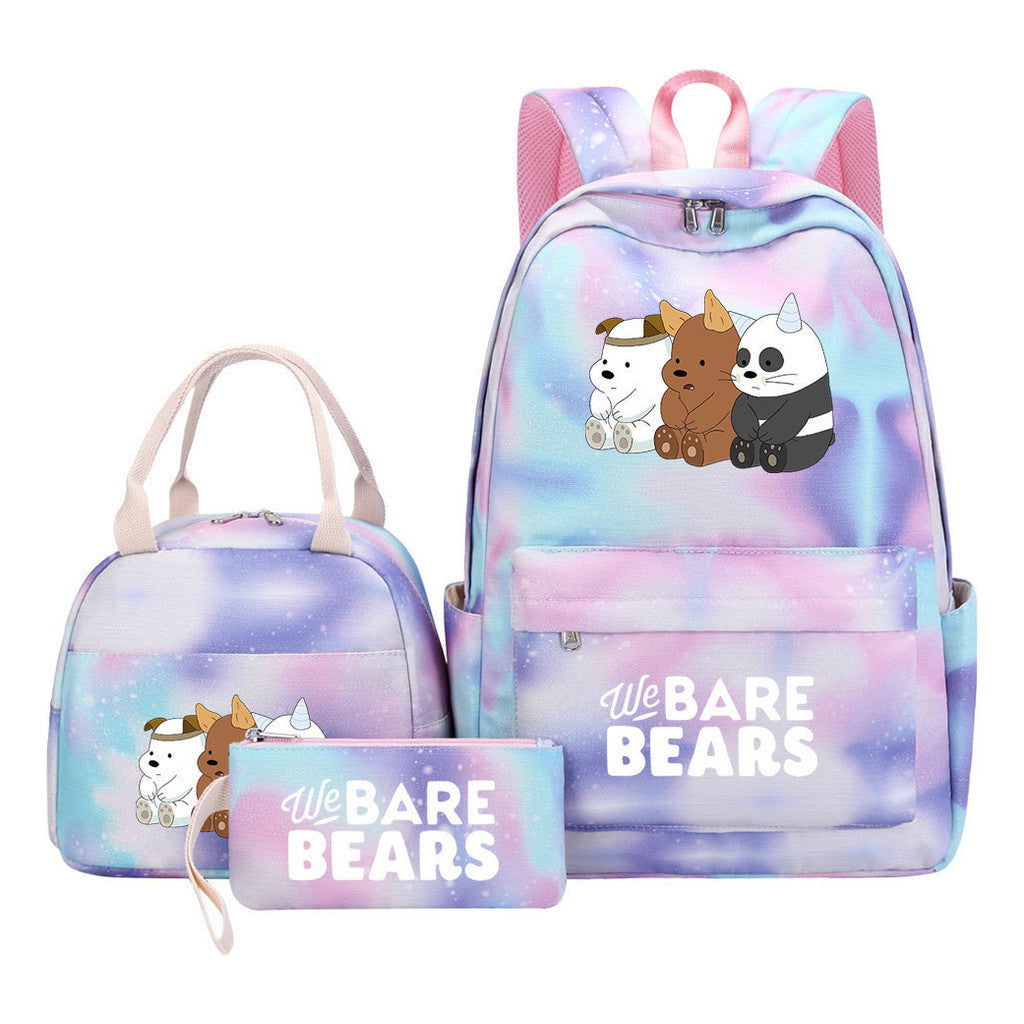 Cartoon Cute Three Bears Youth Student Girls School Bag Lunch Bag Three Piece Set Backpack Set