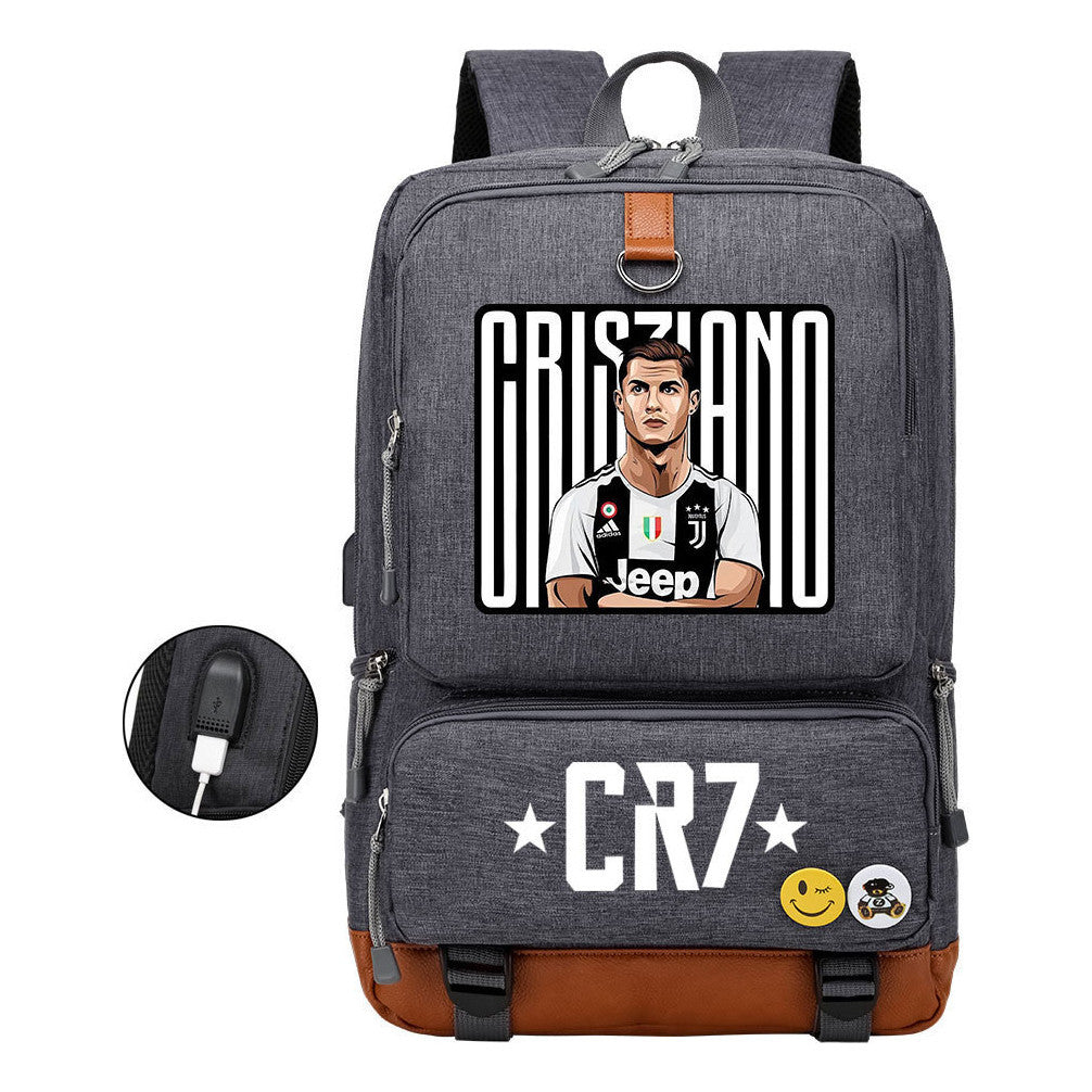 Football Star Cristiano Ronaldo Printed Usb Student Backpack For Leisure Travel Backpack