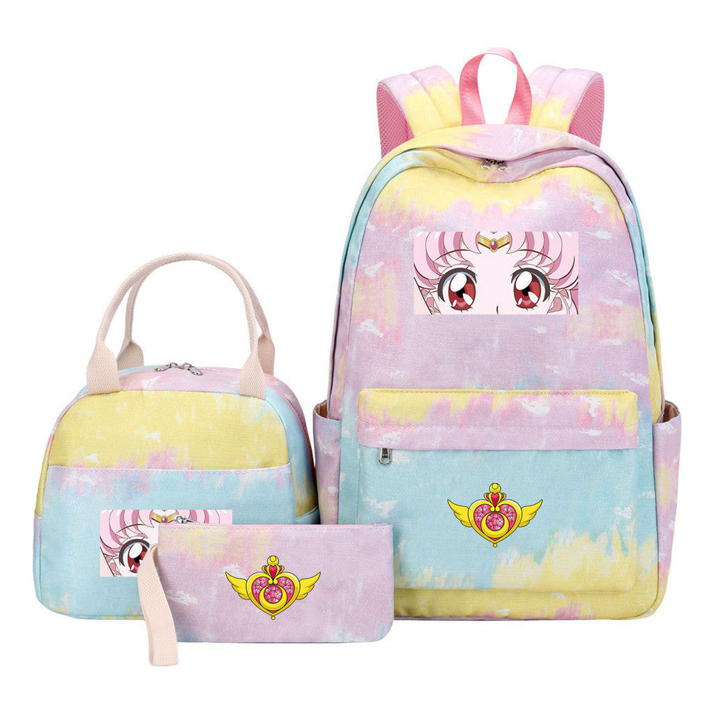 Anime Beauty Girl Warrior Student Girls School Bag Lunch Bag Three Piece Set Backpack Set