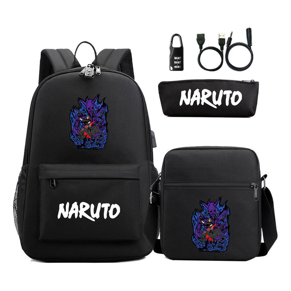 Naruto Usb Password Lock Youth Student Backpack Three Piece Set For Men And Women Backpack Set