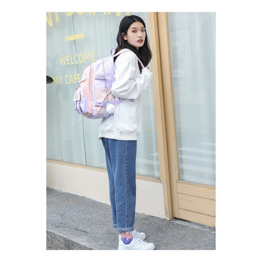 Student Backpack, Artistic Backpack, Color Blocking Double-layer Backpack, Large Capacity