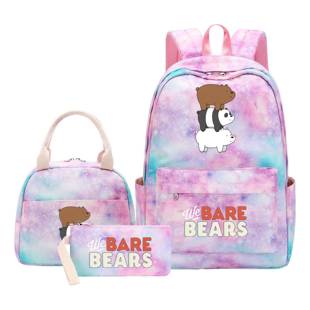 Cartoon Cute Three Bears Youth Student Girls School Bag Lunch Bag Three Piece Set Backpack Set