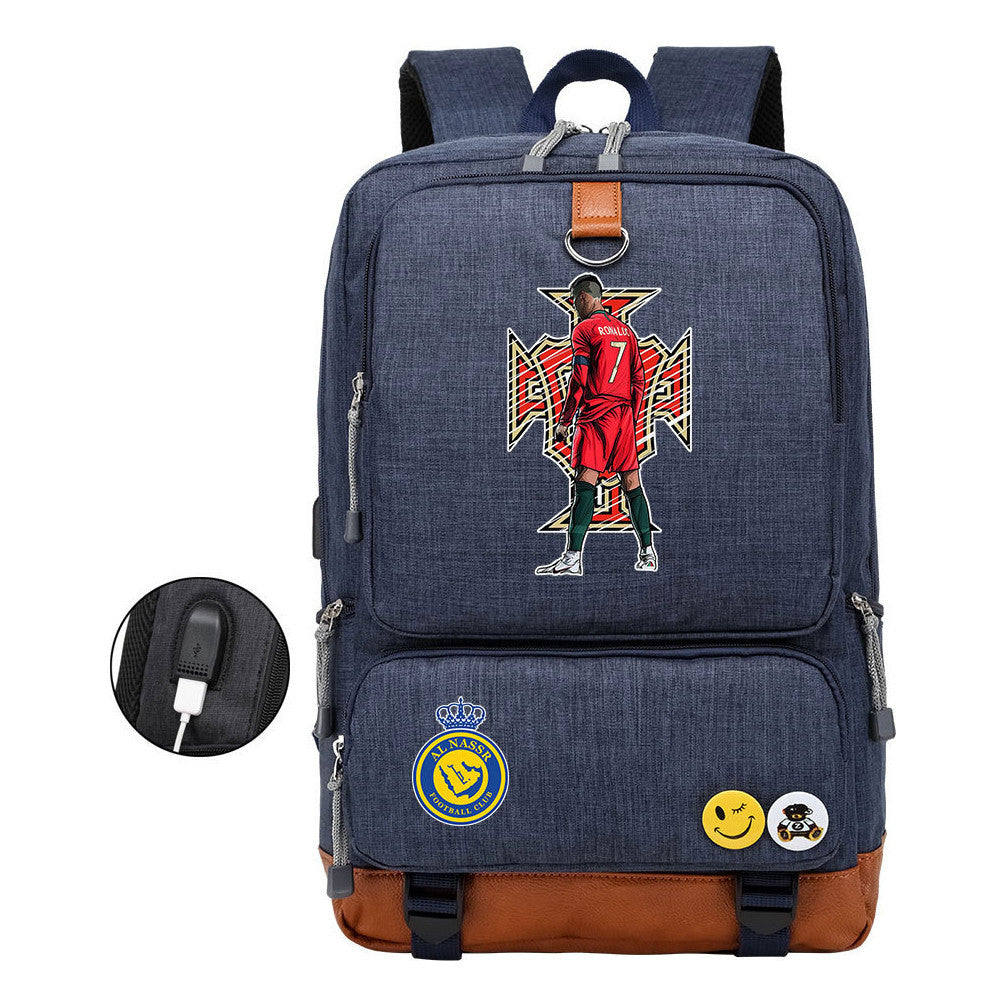 Football Star Cristiano Ronaldo Printed Usb Student Backpack Leisure Travel Backpack