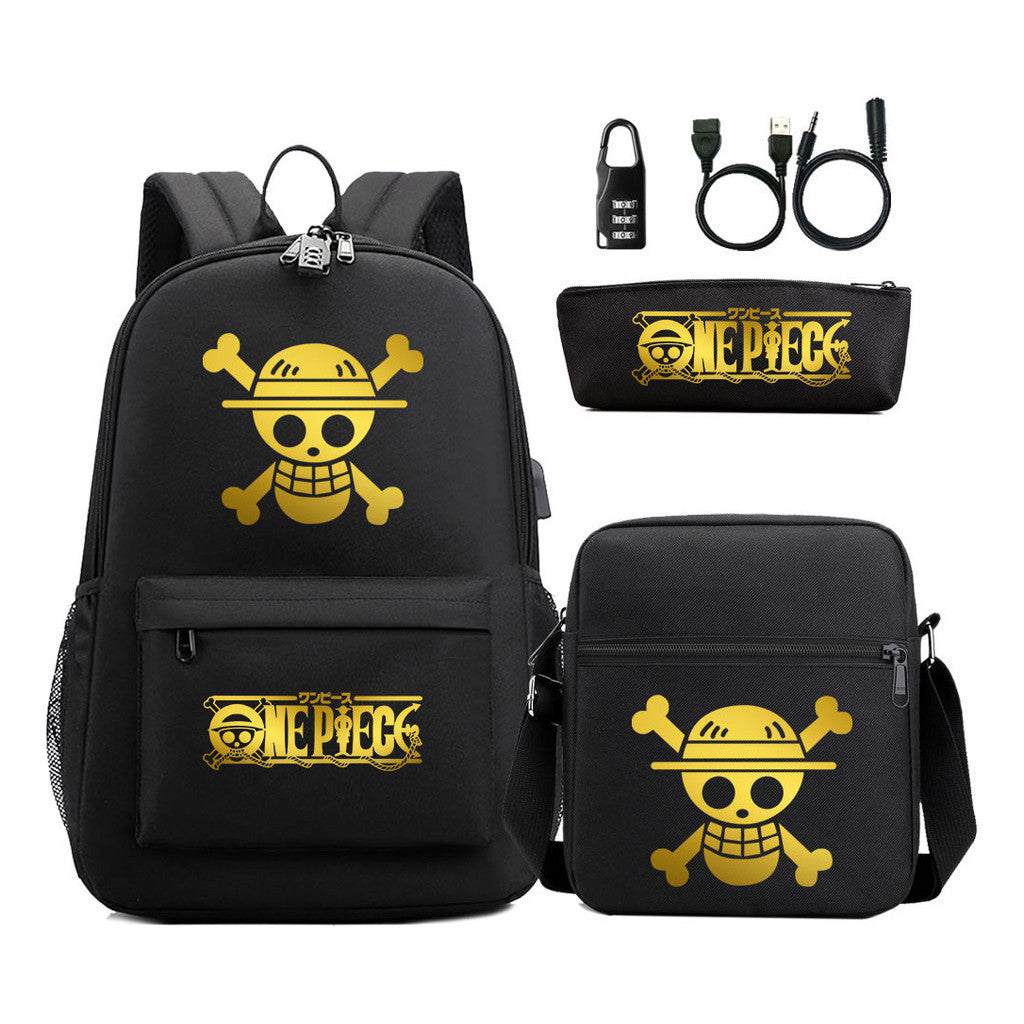 Golden Pirate King Usb Password Lock Youth Student Backpack Set Of Three Pieces, Men's And Women's Backpack Set
