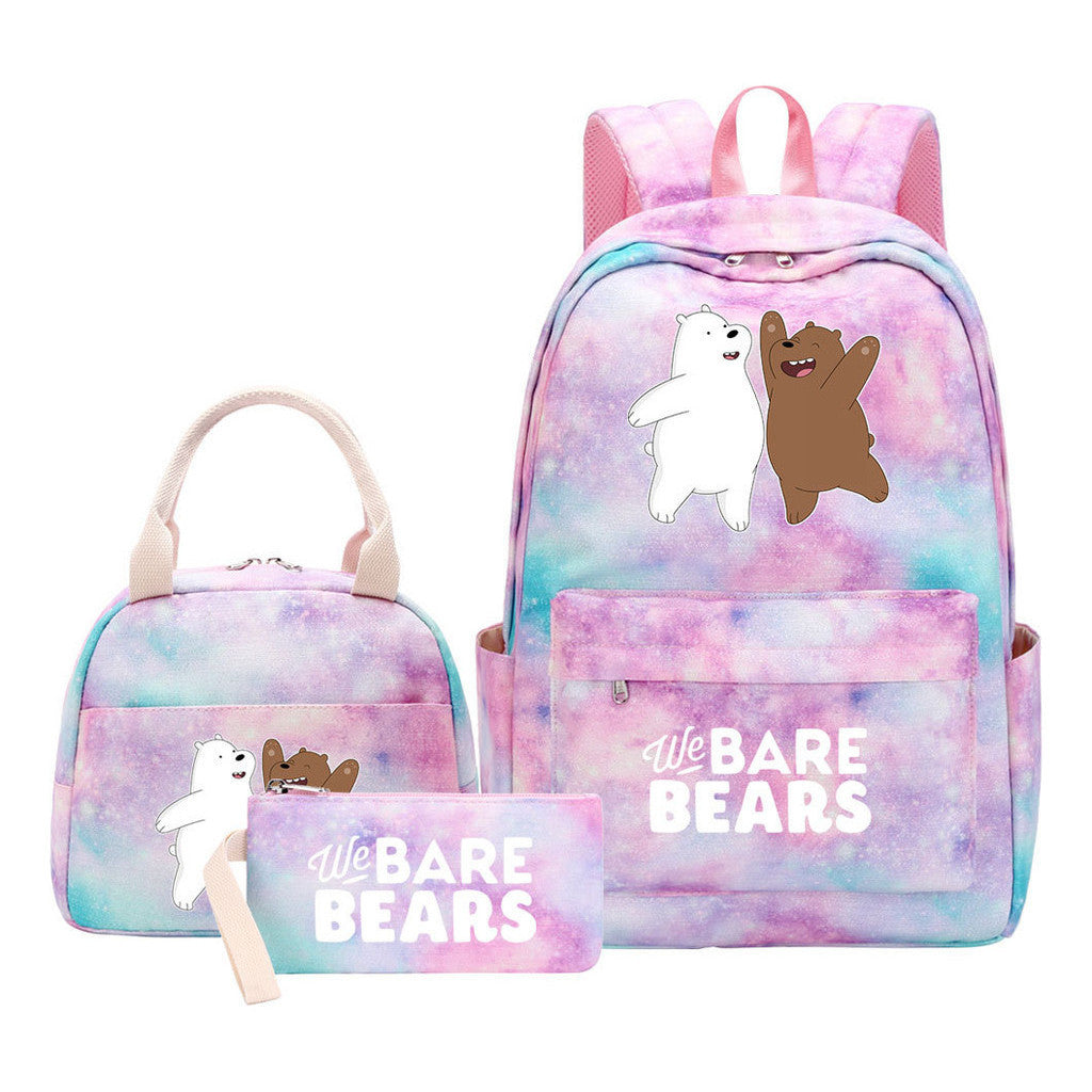Cartoon Cute Three Bears Youth Student Girls School Bag Lunch Bag Three Piece Set Backpack Set