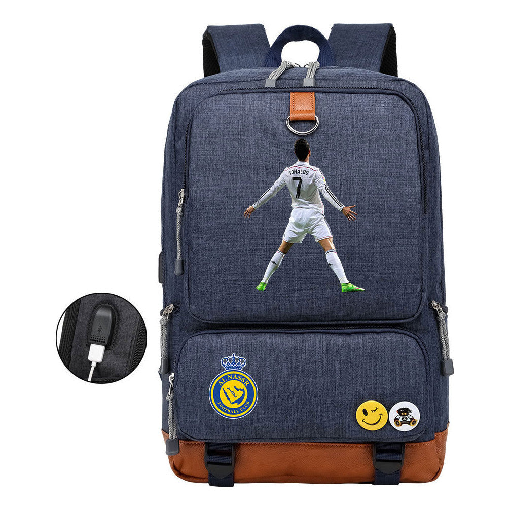 Football Star Cristiano Ronaldo Printed Usb Youth Student Backpack For Leisure Travel Backpack