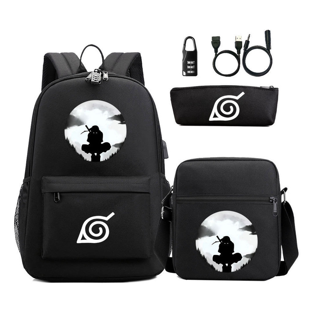 Naruto Usb Password Lock Youth Student Backpack Three Piece Set For Men And Women Backpack Set