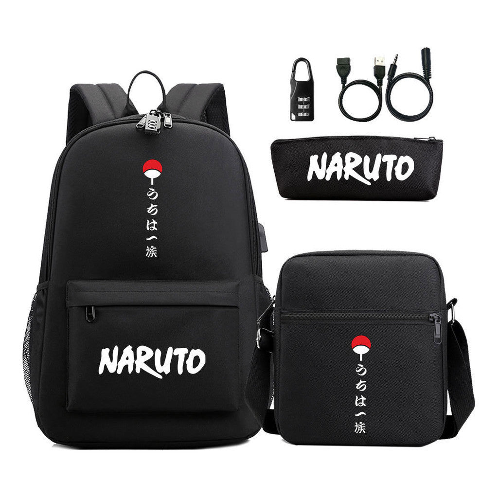 Naruto Usb Password Lock Youth Student Backpack Three Piece Set For Men And Women Backpack Set