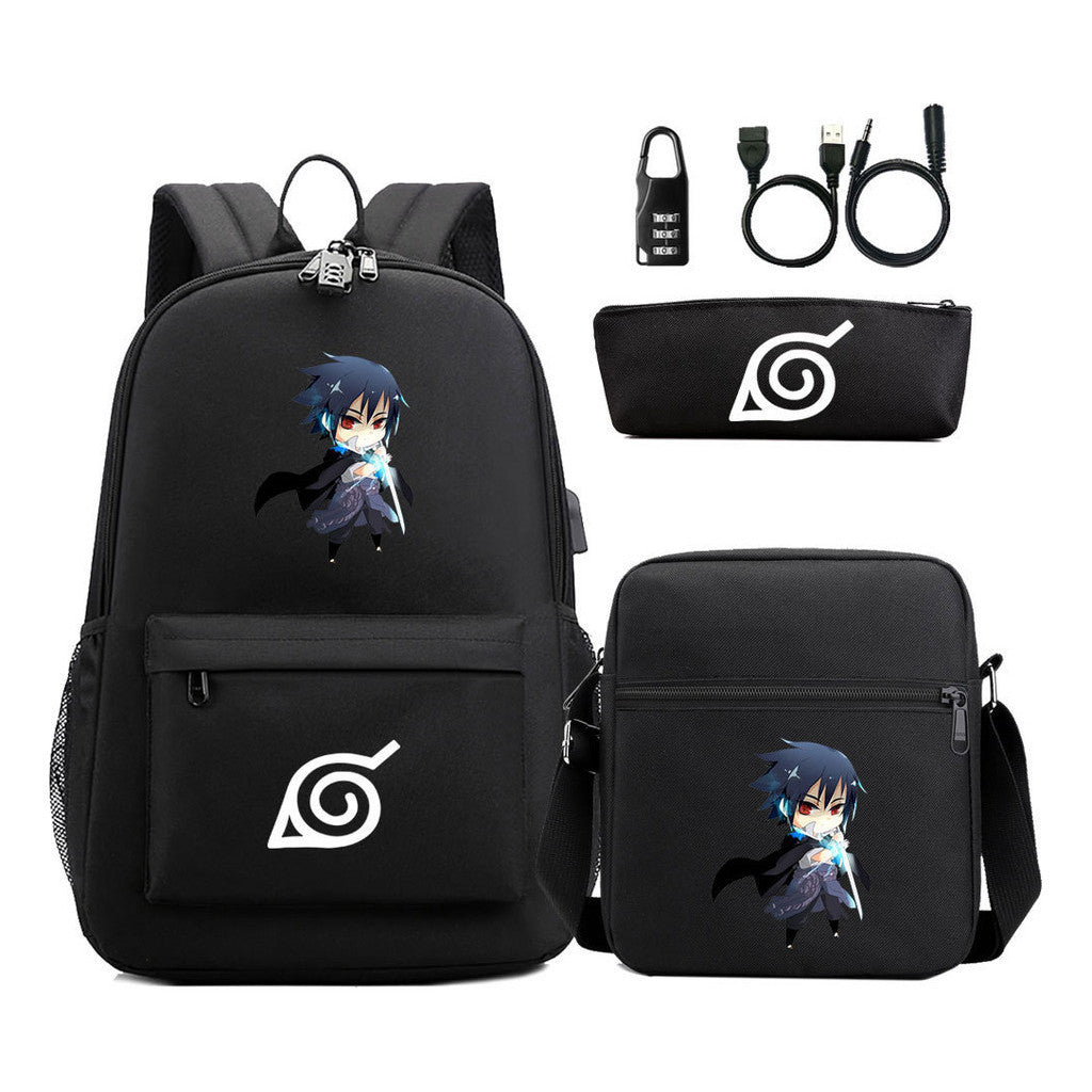 Fashionable Naruto Usb Password Lock Youth Student School Bag Three Piece Backpack Set