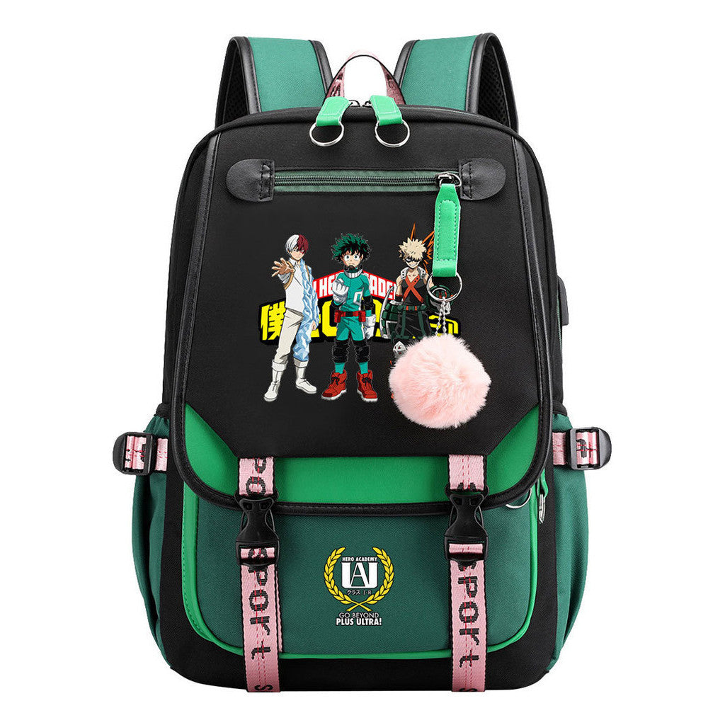 Comics My Heroes Academy Usb Student Backpack Casual Ribbon Flip Backpack