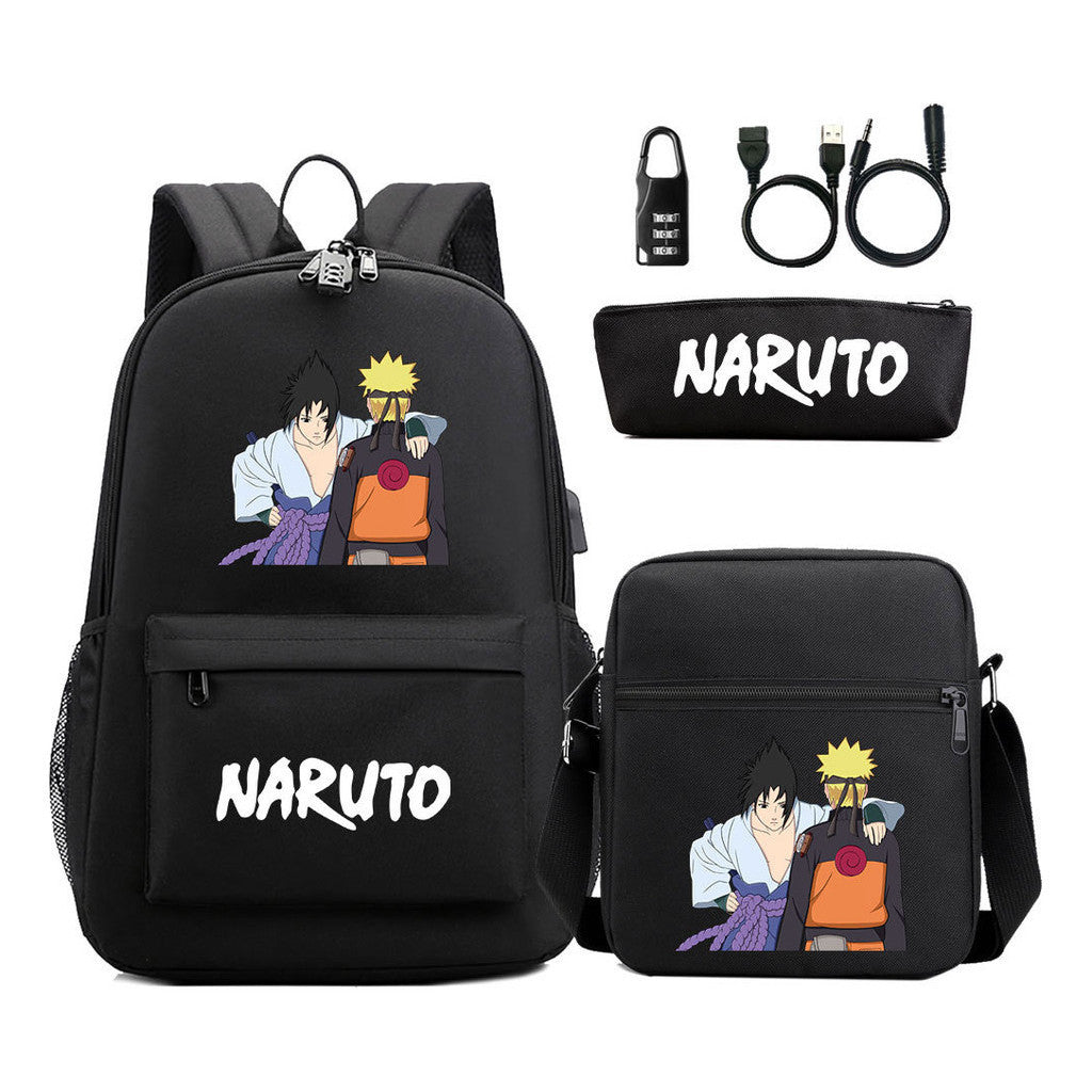 Naruto Usb Password Lock Youth Student Backpack Three Piece Set For Men And Women Backpack Set