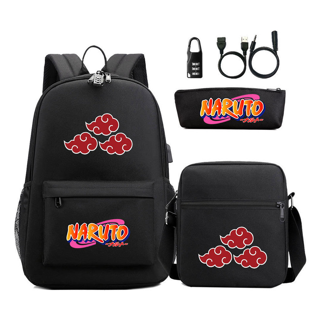 Naruto Usb Password Lock Youth Student Backpack Three Piece Set For Men And Women Backpacks