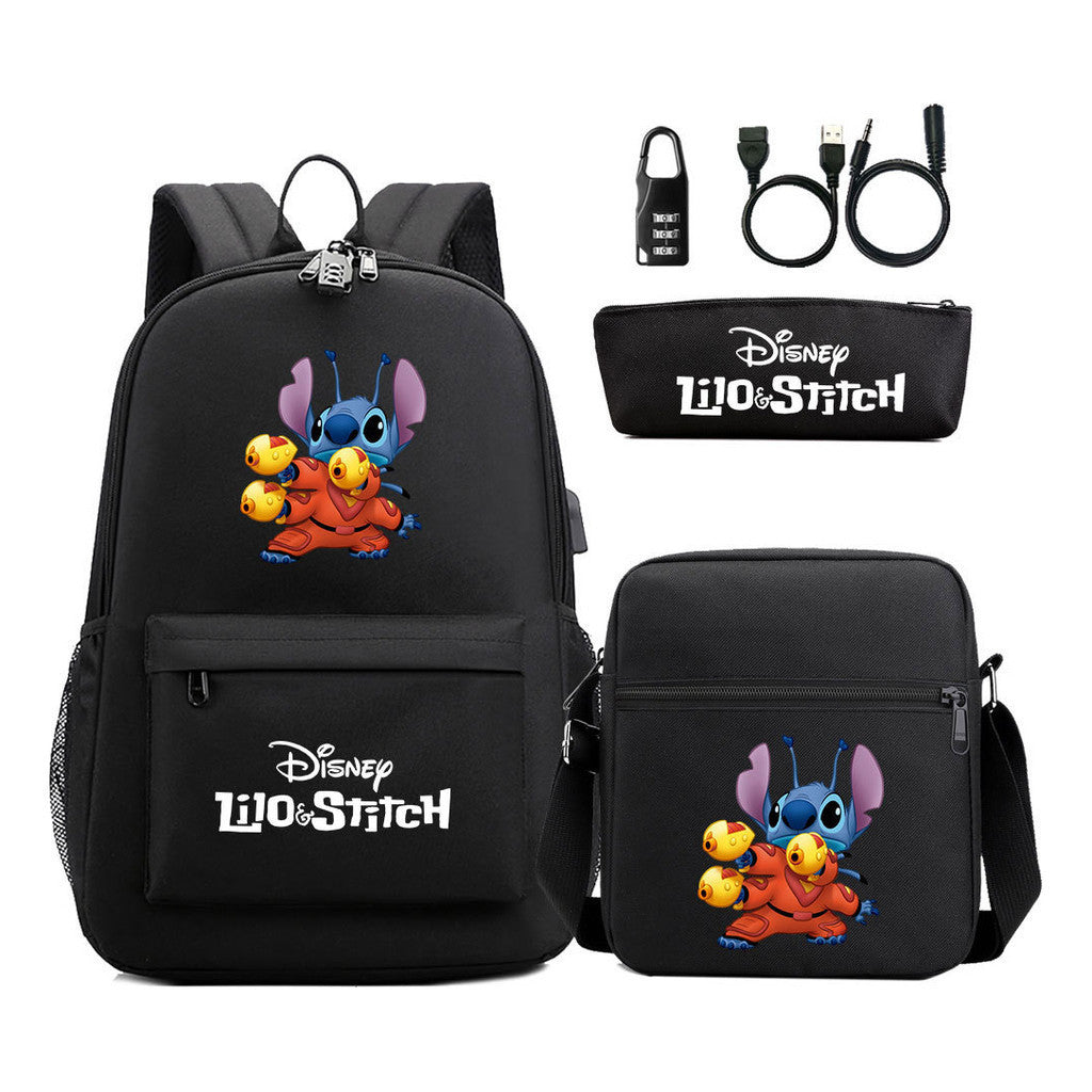 Interstellar Baby Stitch Usb Password Lock Youth Backpack 3-piece Set For Men And Women Backpacks