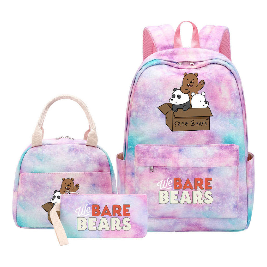 Cartoon Cute Three Bears Youth Student Girls School Bag Lunch Bag Three Piece Set Backpack Set