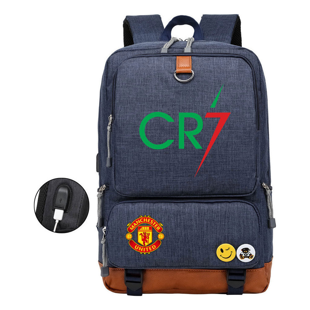 Football Star Cristiano Ronaldo Printed Usb Youth Backpack For Leisure Travel Backpack