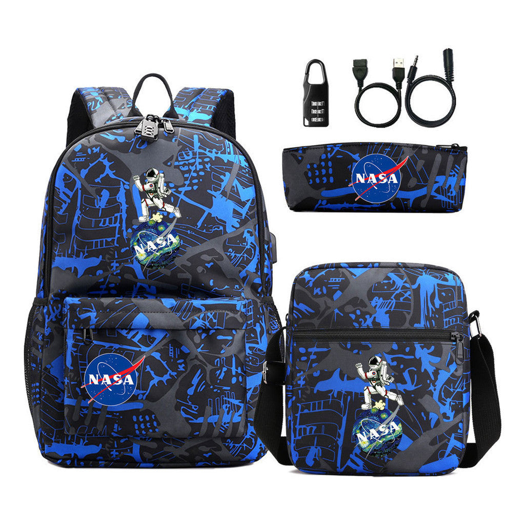 Fashionable Usb Password Lock Youth Student Backpack Three Piece Set Backpack