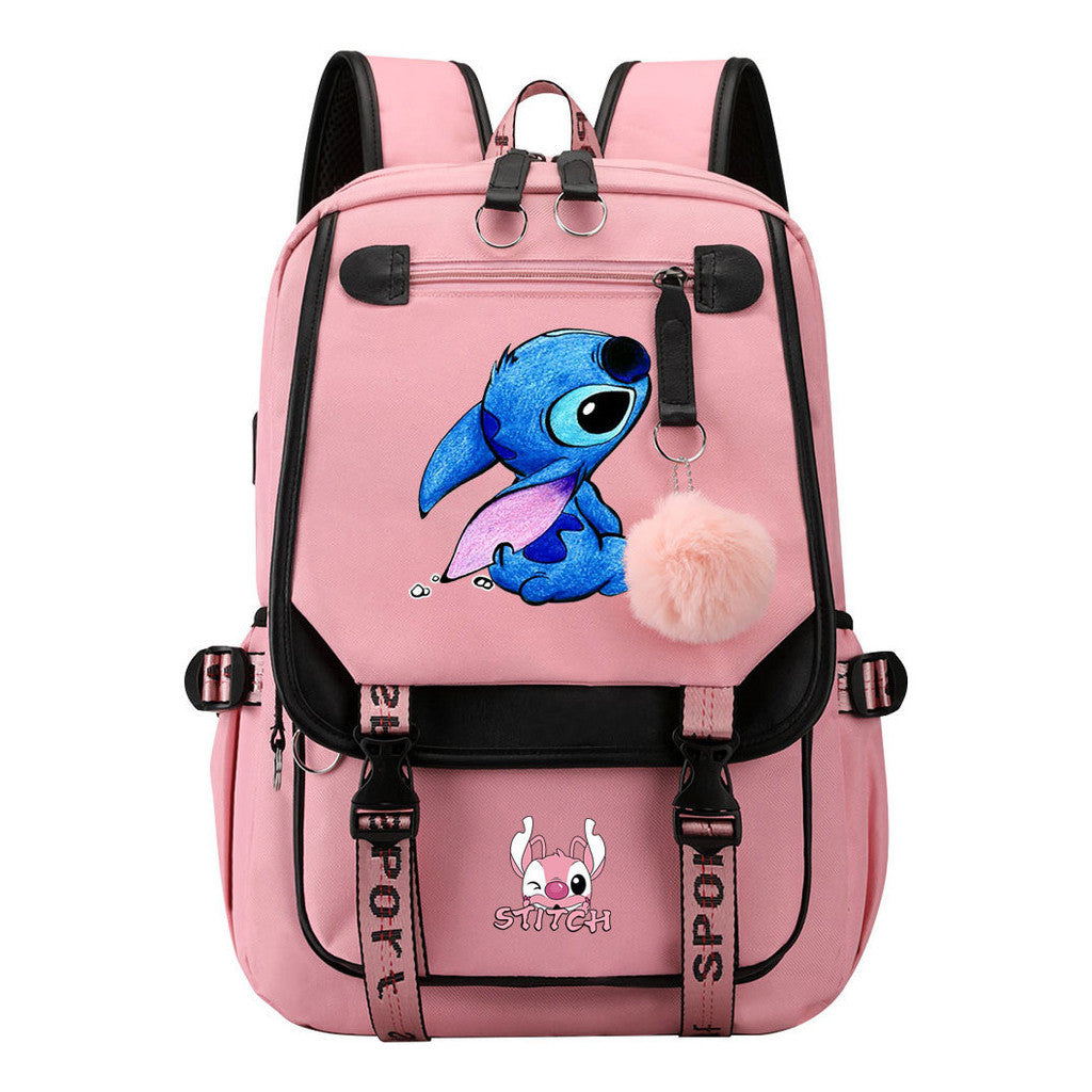 Interstellar Baby Stitch Usb Backpack For Men And Women, Casual Woven Strap Flip Back Backpack