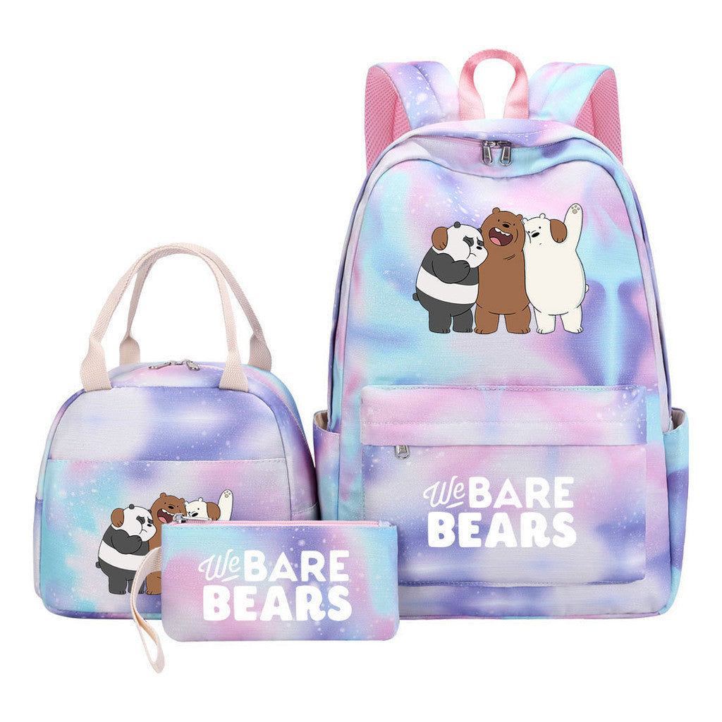 Cartoon Cute Three Bears Youth Student Girls School Bag Lunch Bag Three Piece Set Backpack Set