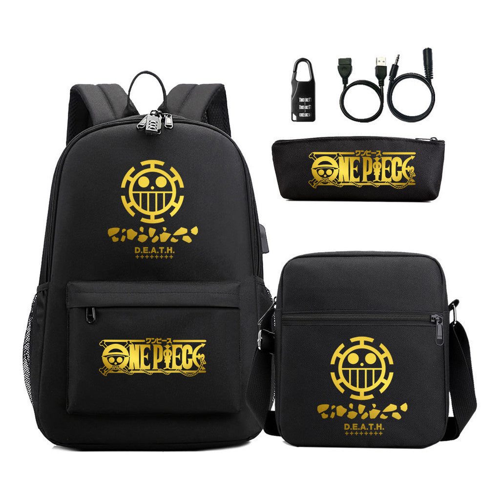 Golden Pirate King Usb Password Lock Youth Student Backpack Set Of Three Pieces, Men's And Women's Backpack Set