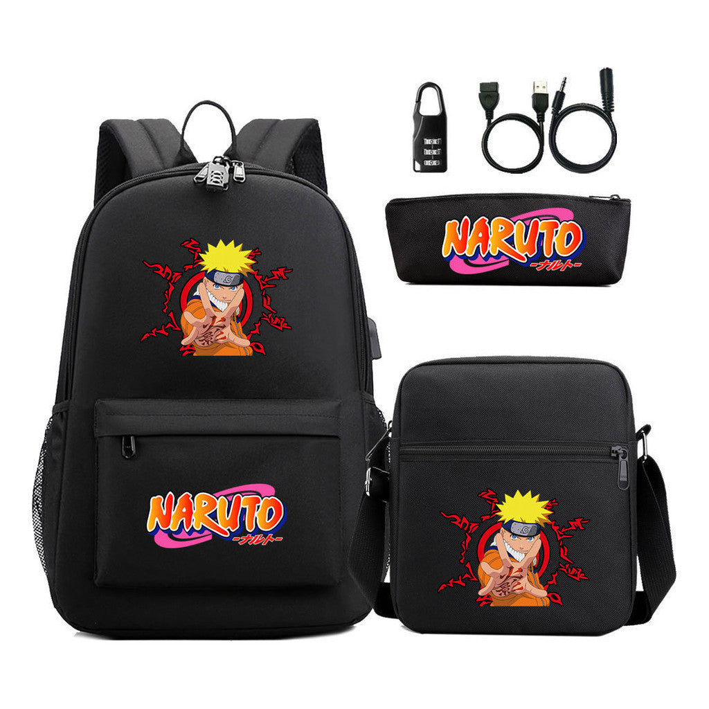 Naruto Usb Password Lock Youth Student Backpack Three Piece Set For Men And Women Backpacks
