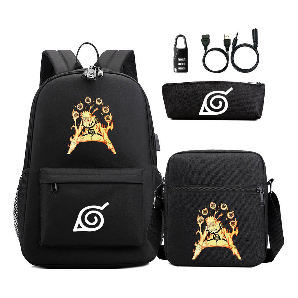 Naruto Usb Password Lock Youth Student Backpack Three Piece Set For Men And Women Backpack Set