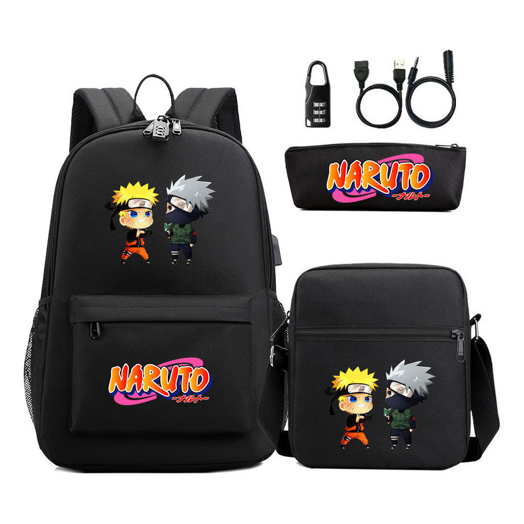 Naruto Usb Password Lock Youth Student Backpack Three Piece Set For Men And Women Backpacks