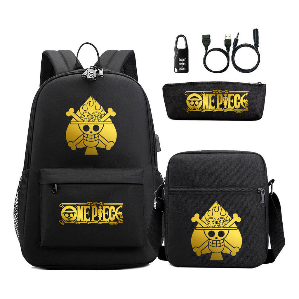 Golden Pirate King Usb Password Lock Youth Student Backpack Set Of Three Pieces, Men's And Women's Backpack Set