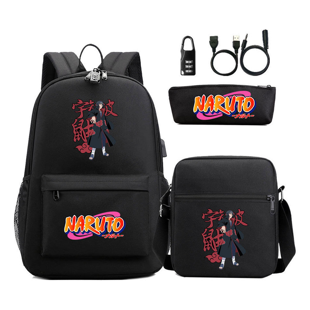 Naruto Usb Password Lock Youth Student Backpack Three Piece Set For Men And Women Backpacks