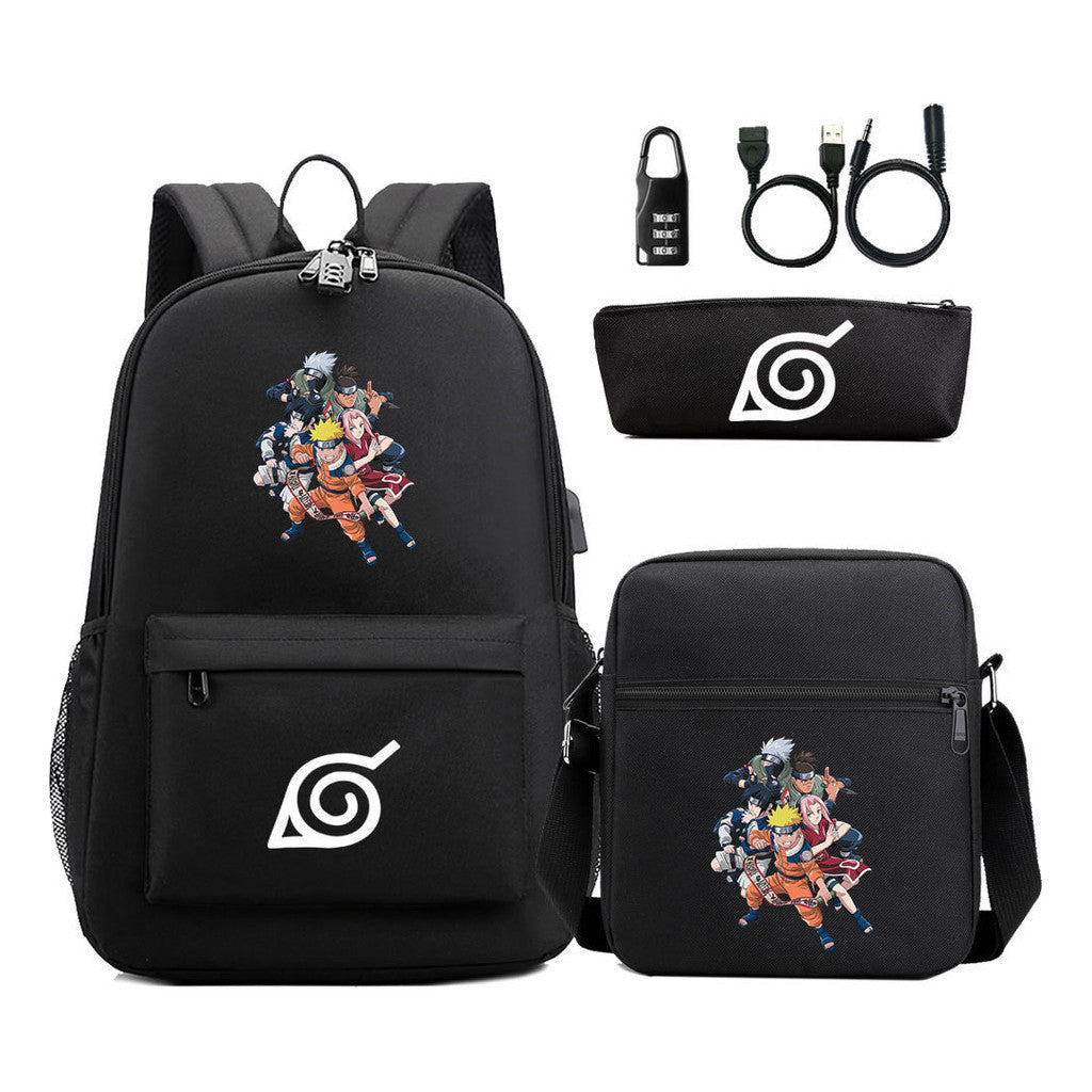 Naruto Usb Password Lock Youth Student Backpack Three Piece Set For Men And Women Backpack Set