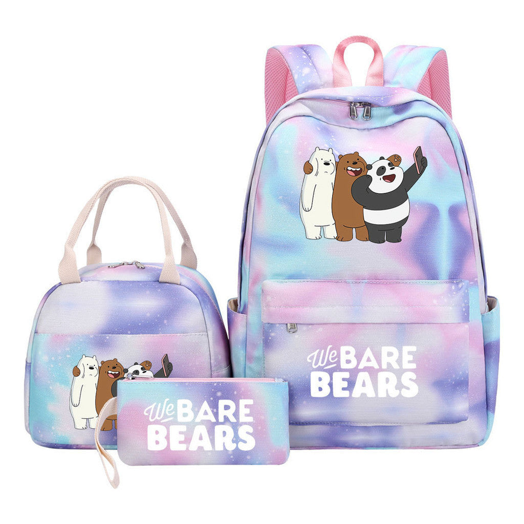 Cartoon Cute Three Bears Youth Student Girls School Bag Lunch Bag Three Piece Set Backpack Set