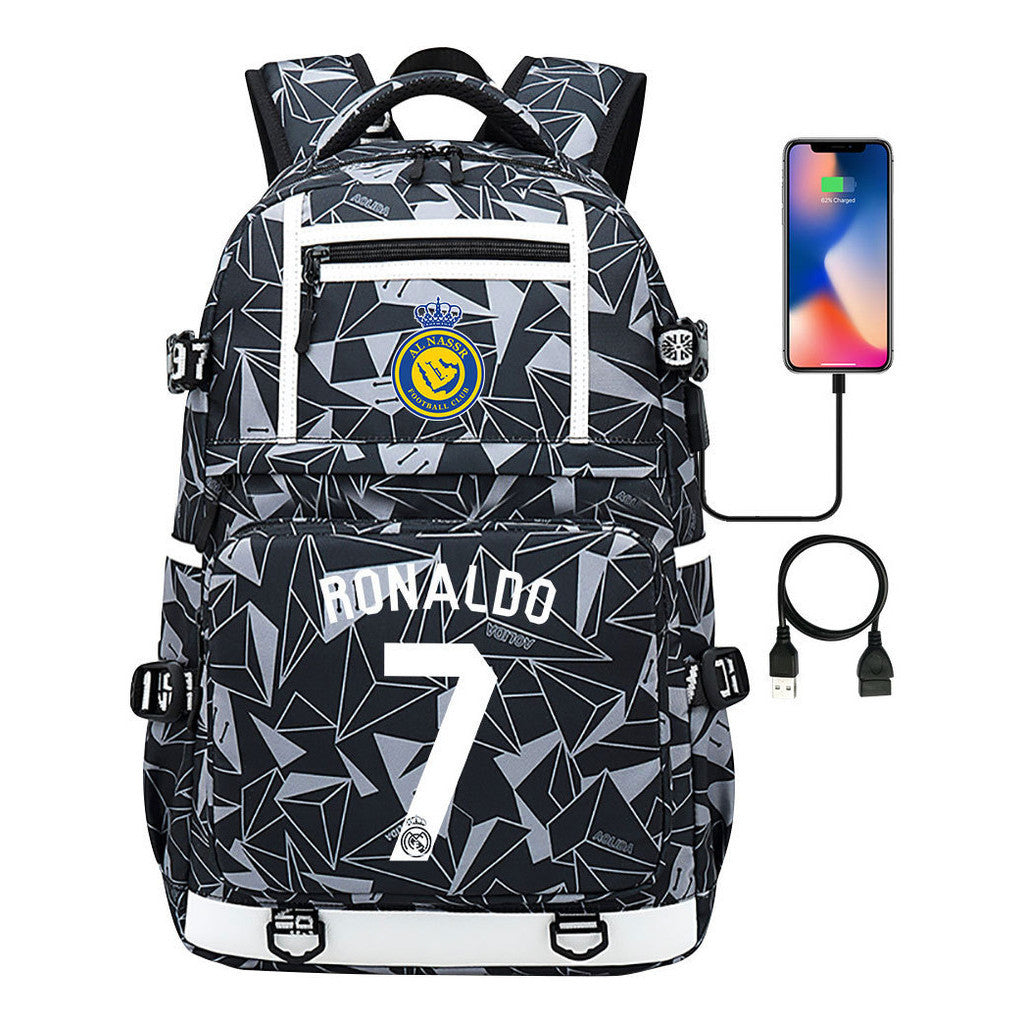 Football Star Cristiano Ronaldo Printed Usb Youth Student Backpack For Men And Women, Backpack For Leisure Travel